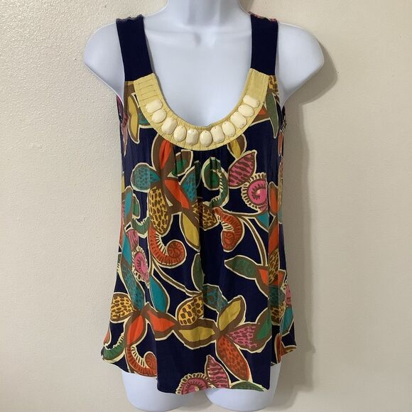 Boden Artsy Bohemian Hippie Graphic Floral Embellished Coloful Blouse Sz 4 - Picture 1 of 11